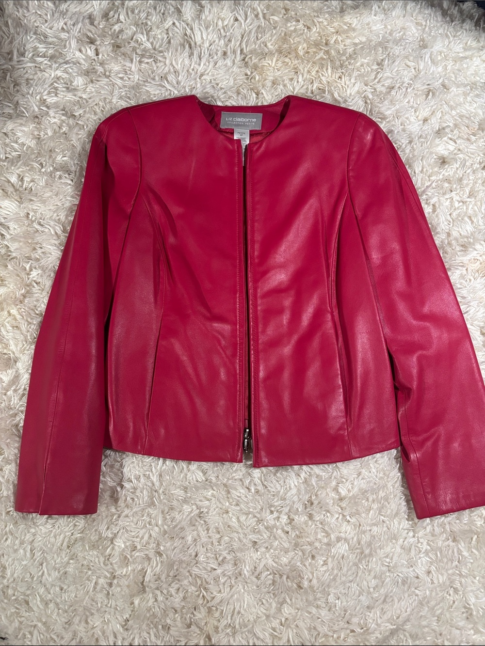 NWOT Liz Claiborne Bright Hot Pink Genuine Leather Zip Jacket-6P